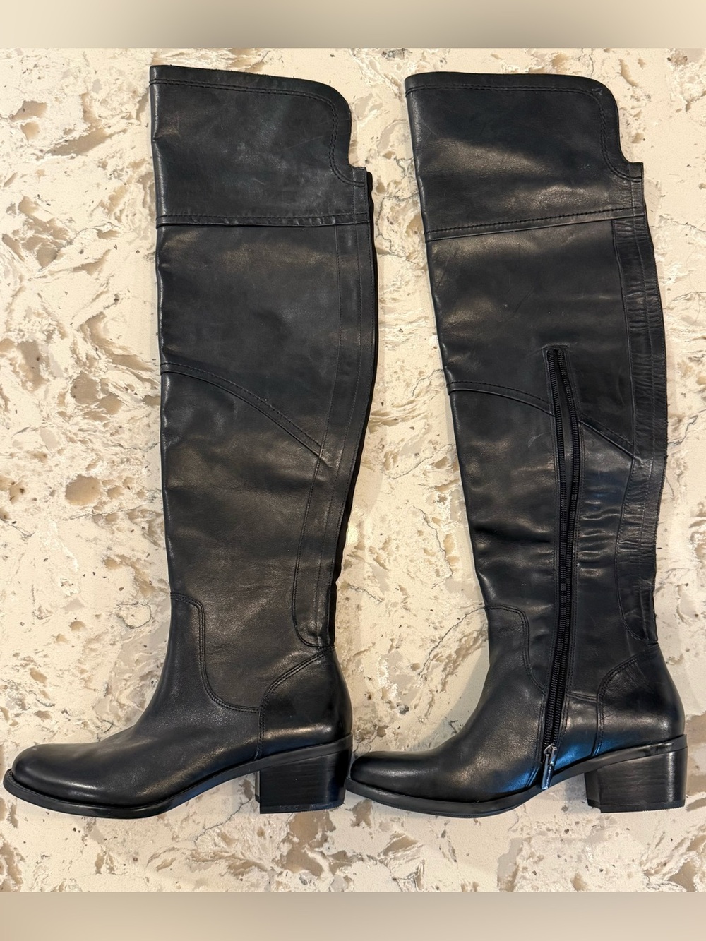Vince Camuto Women’s 6 Black Leather Knee High Boots Block Heel Side Zip